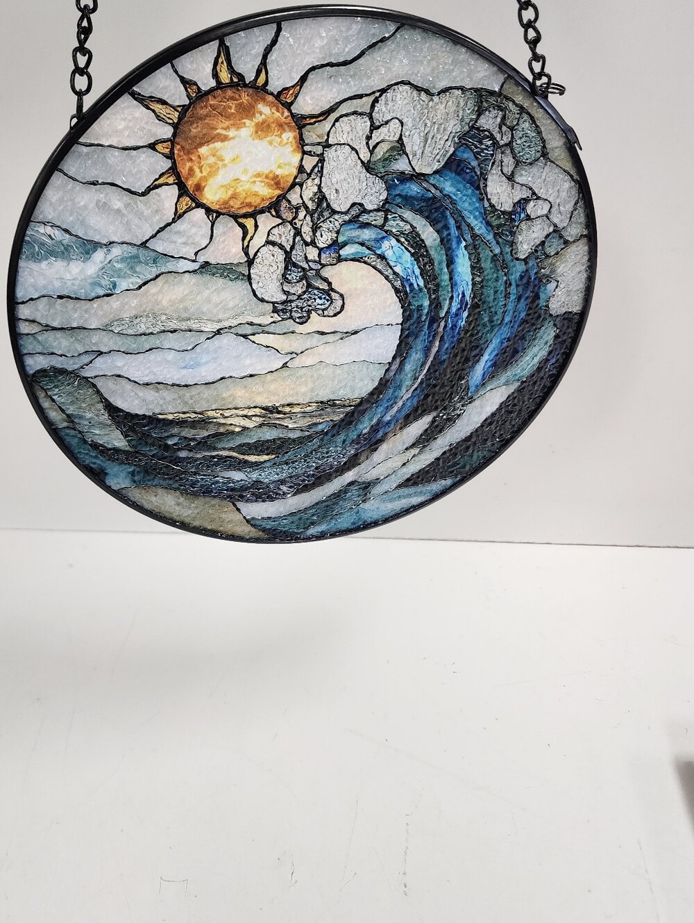 Suncatcher Blue Wave and Sun Stained Glass Hanging Art